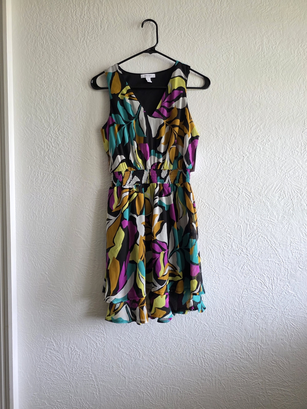 Nine West Black Multicolor Leaf-Print Mini Dress
